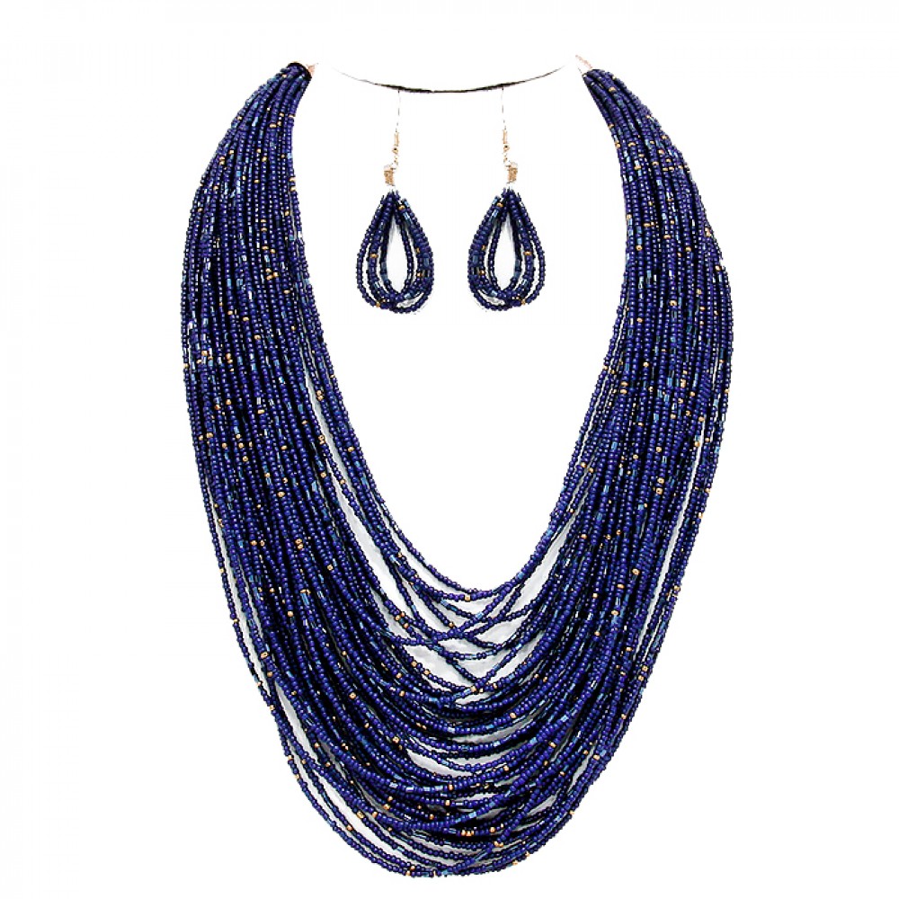 Navy Blue Multi-Strand Faceted Stone Beaded Statement Necklace